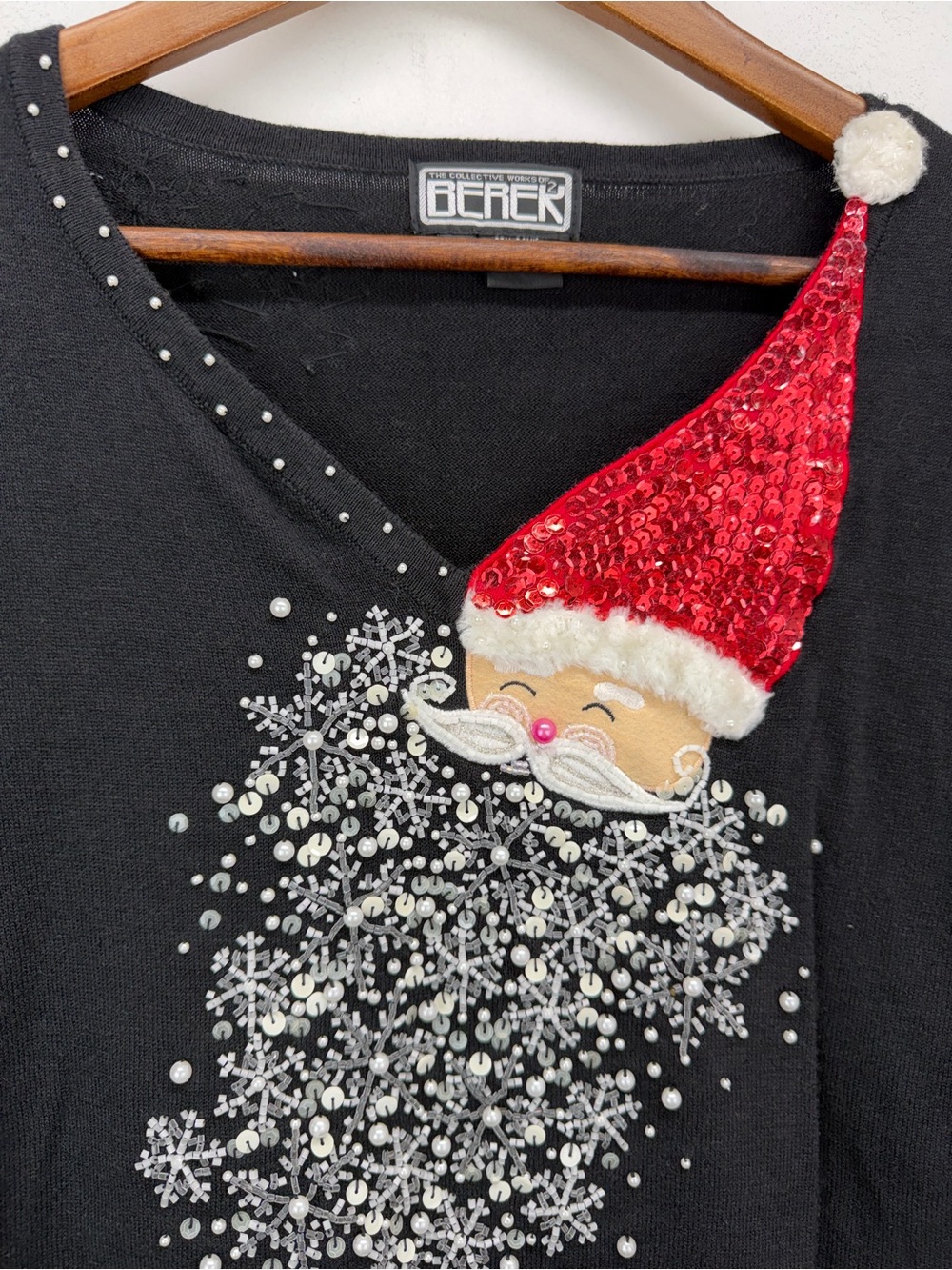 Vintage Berek size XL Women’s Black Knit Sequin Santa Claus Holiday Sweater - Picture 2 of 8